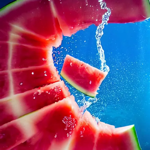 Prompt: an slice of watermelon under water ,sparkle and splash with water, award winning photo