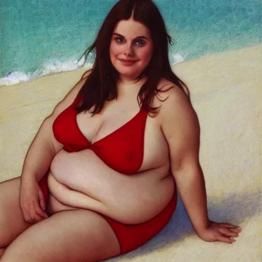 Image similar to portrait of cute 2 0 years old obese courtney cox in red swimsuit sitting on a beach, intricate, hyperdetailed, photorealistic, diffuse lighting, hdrp, artstation, unreal 5, smooth, textless, sharp focus, art by john collier, albert aublet, krenz cushart, artem demura, alphonse mucha