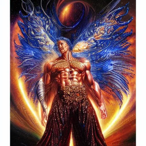 Image similar to full muscular body male made of gemsl with golden feathers ,thunder, shining light, nebulas, god rays by Karol Bak, Ayami Kojima, Amano