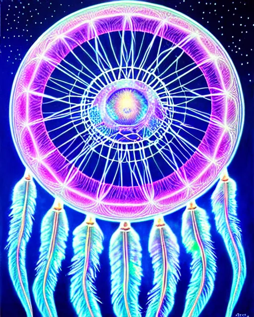 Image similar to detailed realistic dreamcatcher geometric glow painting a jellyfish emitting light in the cosmos by alex grey symmetry