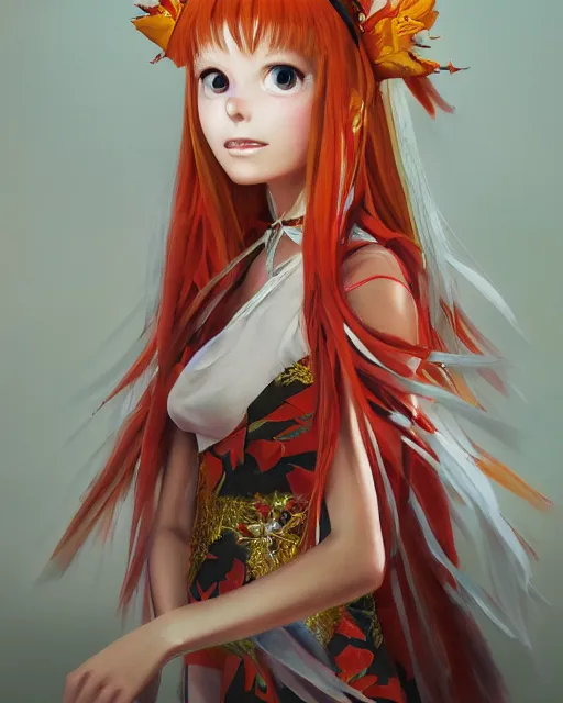 Image similar to studio photo portrait of Asuka Langley from evangelion wearing floral garlands over her traditional dress. full height portrait of Asuka from eva as a slavic pagan priestess wearing traditional pagan dress adorned with golden tiara, concept art by Greg Rutkowski and James Dean and Ross Tran, ultrarealistic octane render, 8k, rtx on, trending on ArtStation