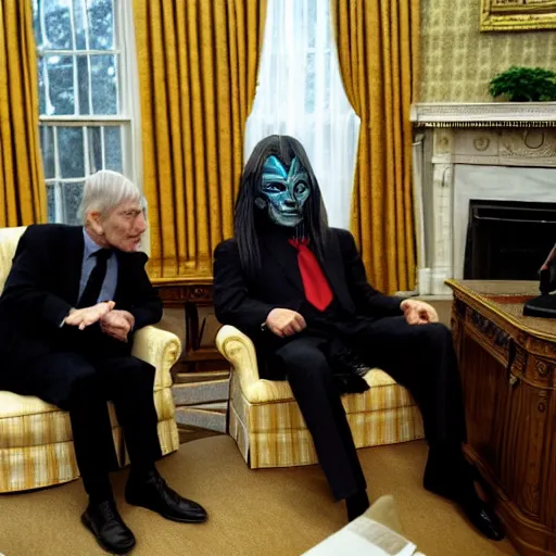 Image similar to president gollum and sauron in an oval office meeting to discuss the one ring