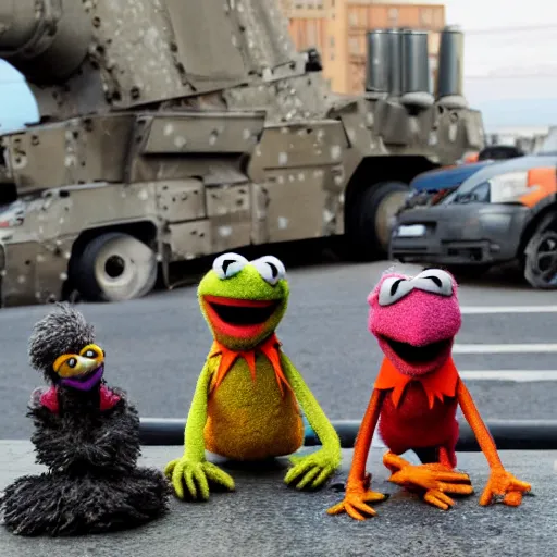 Image similar to muppet puppet special forces in an urban battle field.