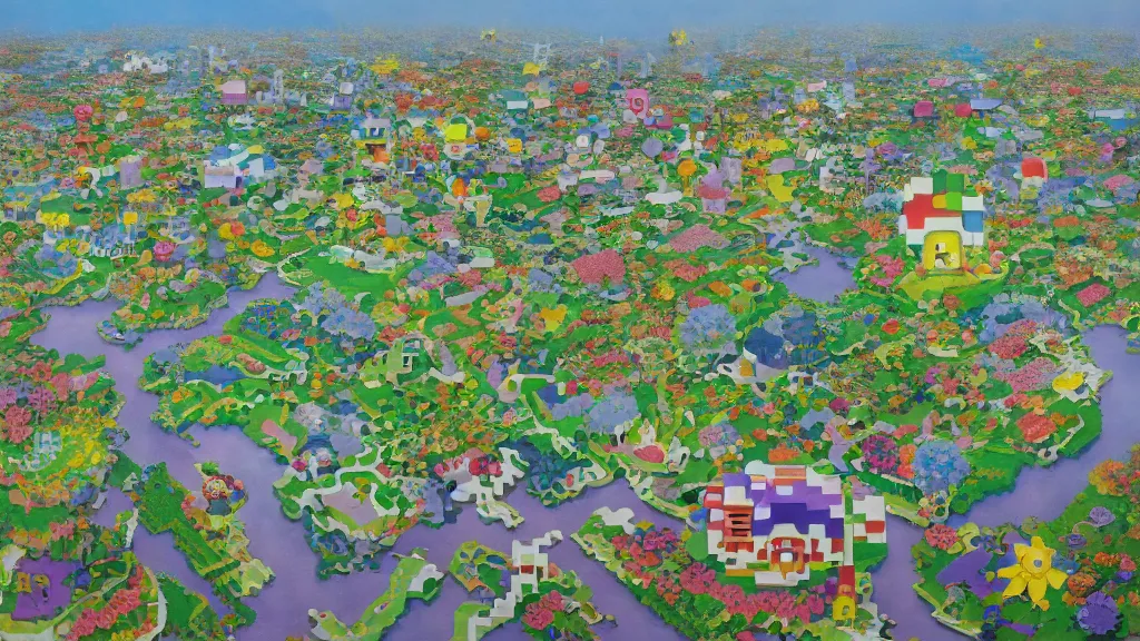 Prompt: A Dithered Minecraft Landscape with some buildings, a painting by Takashi Murakami, Chiho Aoshima, Yoshitomo Nara and Aya Takano, Superflat art movement, ethereal, chiaroscuro, autochrome, soft pastel colors, pastel oil inks, realistic lighting, oil painting, heavy imaspto technique, scarlet, infernal, despair, omnious, chiaroscuro