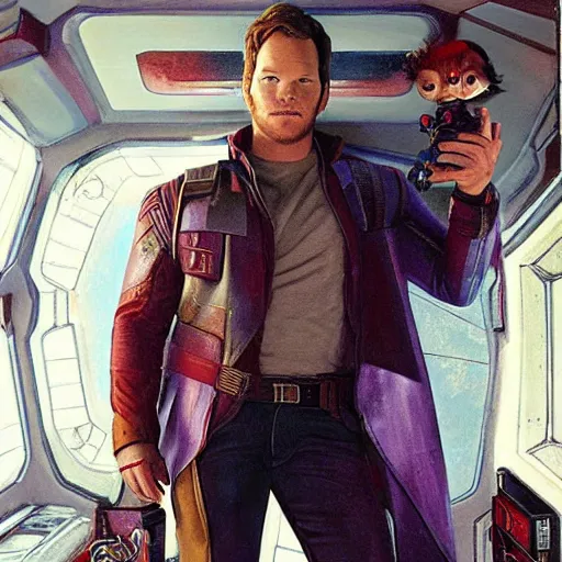 Image similar to the actor chris pratt as star lord posing together with the doll chucky from the movie child's play, inside a starship, oil painting, by greg rutkowski