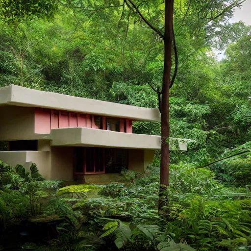 Prompt: a house designed by frank lloyd wright in the middle of the jungle,