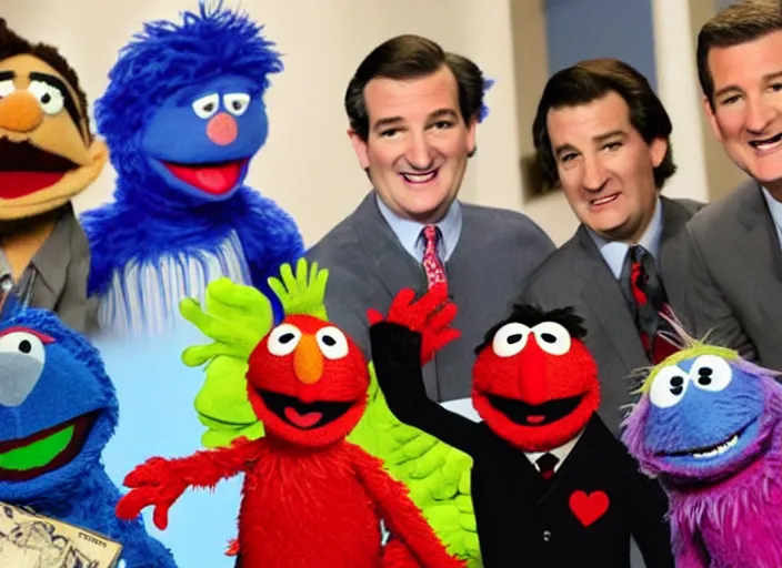 Image similar to ted cruz on the floor getting stomped and kicked by a gang of muppets on sesame street