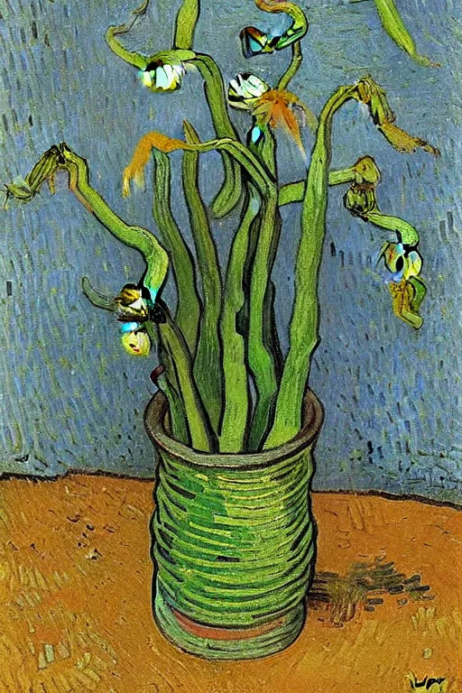 Image similar to Fiddleheads, painted by Vincent Van Gogh (1890), oil on canvas, detailed brushstrokes