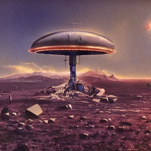 Image similar to tintype, wide view, thundra ufo crash site, team of scientists studying captured alien, art by bruce pennington