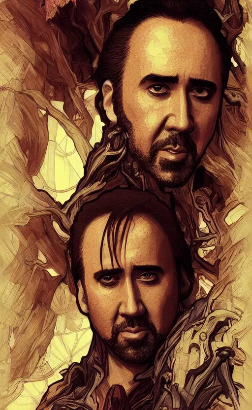 Image similar to nicolas cage as groot , highly detailed, digital painting, artstation, concept art, smooth, sharp focus, illustration, art by artgerm and alphonse mucha, high definition digital art, in the style of ilya kuvshinov and Ross tran