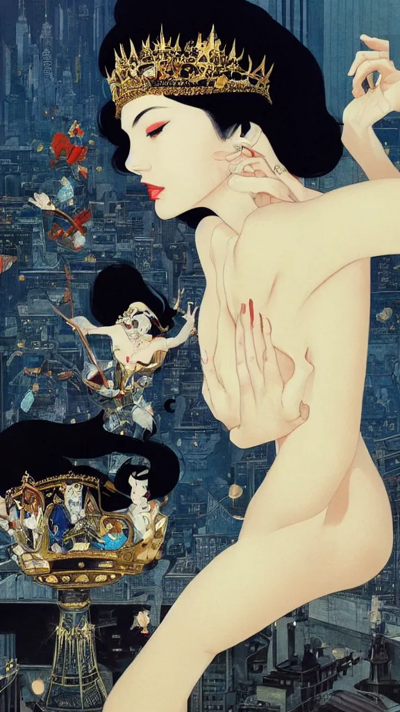 Image similar to a beautiful black haired woman with pale skin and a crown on her head sitted on an intricate metal throne new york circa 1 9 8 4 edward hopper and james gilleard, surreal, open ceiling, highly detailed, airbrush, ilya kuvshinov, wlop, stanley artgerm, very coherent, art by takato yamamoto and james jean