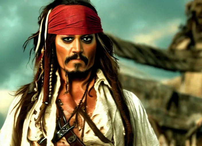 Prompt: Bruce Campbell playing Jack Sparrow in Pirates of the Caribbean, film still, 4k