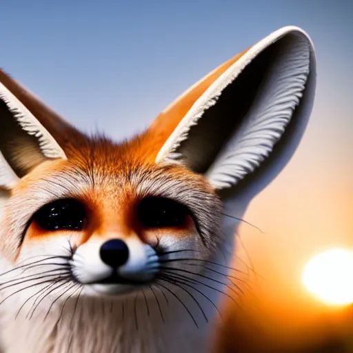 Prompt: a close up, studio colour photograph of a fennec fox wearing a santa hat, dramatic backlighting at golden hour, wide angle 15mm lens, silly cartoon]