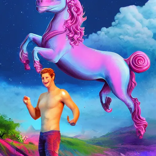 Prompt: mark zuckerberg riding a unicorn, pointing, wearing a crown, paradise landscape, vivid colors, pastelle, digital art, trending on artstation