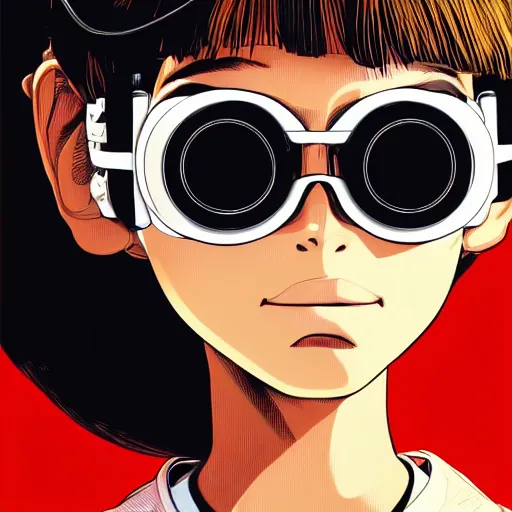 Image similar to face of a girl wearing goggles, brown skin, symmetrical, ilya kuvshinov, jamie hewlett, yoji shinkawa, muted colors, portrait, beautiful detailed illustration, graphic, fun, 17th century oil painting, flat colors, studio ghibli, cel shading,