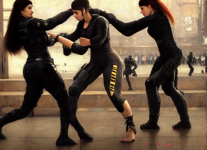 Image similar to Maria evades sgt Nash. Cyberpunk hacker in jumpsuit escaping menacing police troopers (blade runner 2049). beautiful face. kickboxing. Iranian orientalist portrait by john william waterhouse and Edwin Longsden Long and Theodore Ralli and Nasreddine Dinet, oil on canvas. Cinematic, hyper realism, realistic proportions, dramatic lighting, high detail 4k