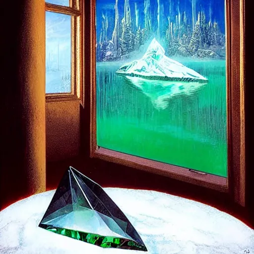 Prompt: ominous emerald crystal emerging from ice, at night, by frederic church, by kent monkman, by caspar david friedrich, king's quest, sierra games