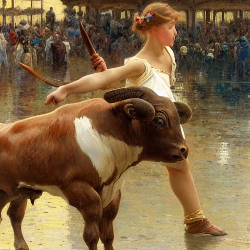 Image similar to a young girl killing a bull in a fight, highly detailed painting by gaston bussiere and j. c. leyendecker 8 k