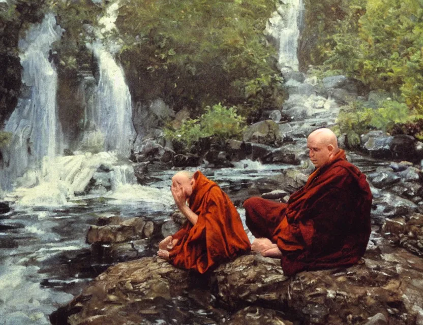 Prompt: by steve hanks, by serov valentin, by lisa yuskavage, by andrei tarkovsky, by terrence malick focused monk sits near waterfall, polaroid, vintage, soft lights, foggy, oil on canvas