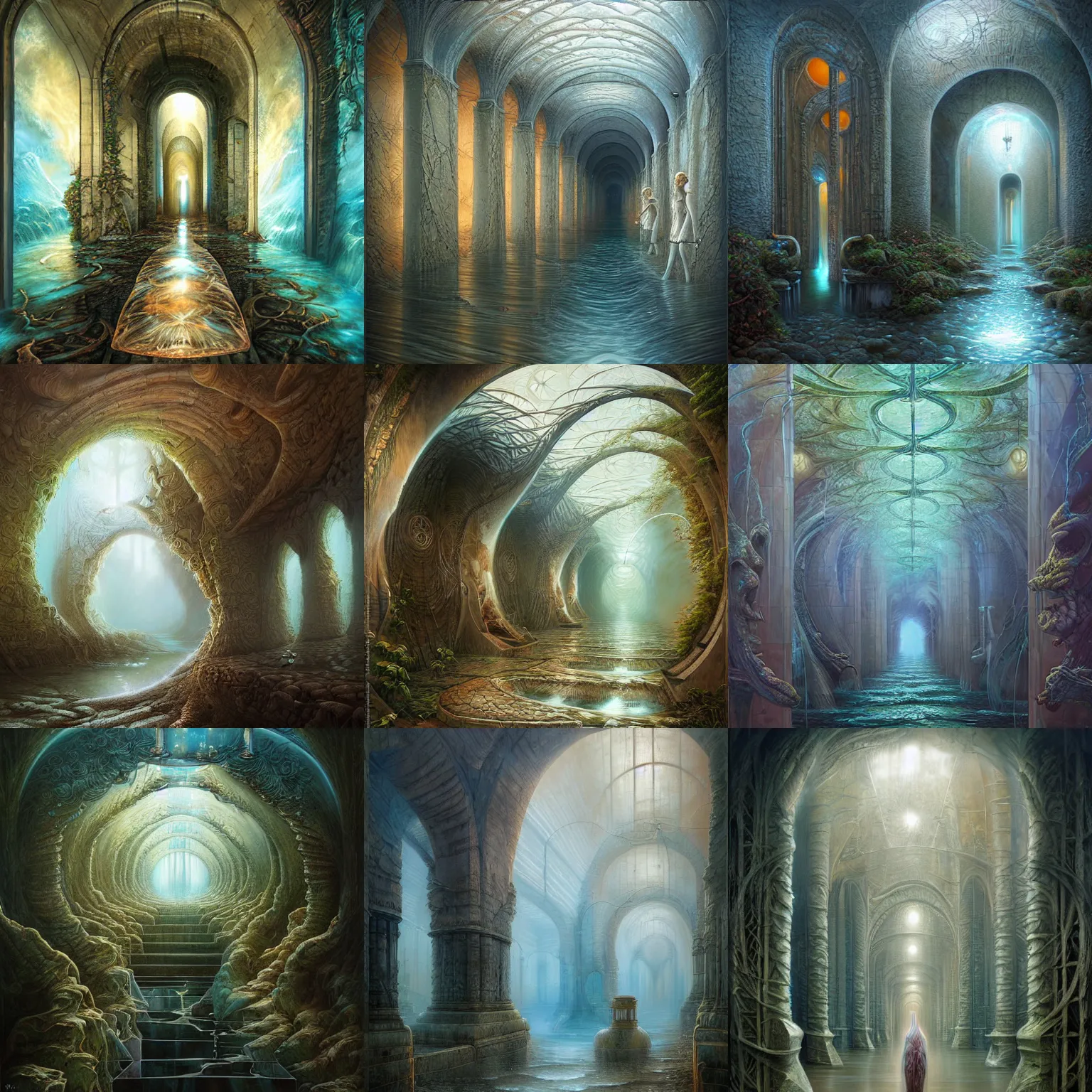 Prompt: a long corridor with water, ultra detailed by tomasz alen kopera and peter mohrbacher