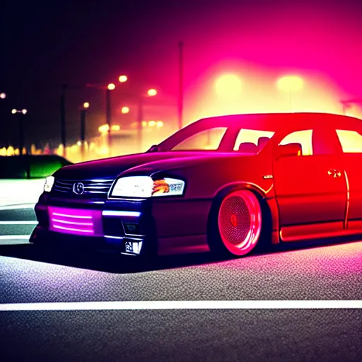 Image similar to a car Toyota Chaser twin-turbo at illegal car meet, Saitama prefecture, city sunset mist neon lights, cinematic color, photorealistic, highly detailed, 200MM