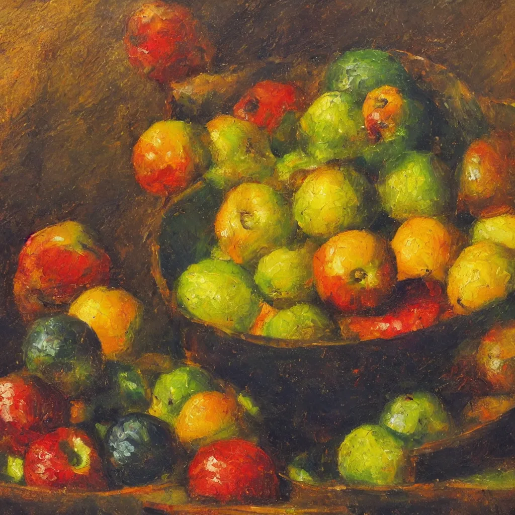 Prompt: Beautiful dramatically lit bowl of fruit painted in the style of the old masters, painterly, thick heavy impasto, expressive impressionist style, painted with a palette knife