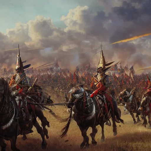 Image similar to an extremely detailed matte painting the winged hussars charging ottoman artillery, heroic charge, epic fantasy, viewed in profile from very far away, sharp focus, detailed face, art by greg rutkowski and alphonse mucha, volumetric lighting, 4 k resolution, artstation