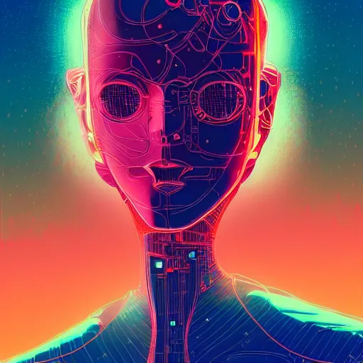 Image similar to a cybernetic mannequin by victo ngai and josan gonzalez and akub rebelka and conrad roset and paul lehr, trending on artstation