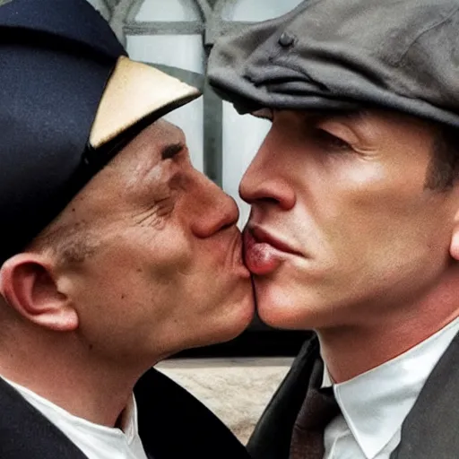 Prompt: benjamin netanyahu kissing tommy shelby, photorealistic, detailed