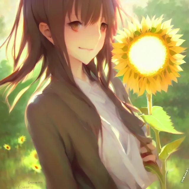 Prompt: beautiful sunflower girl, krenz cushart