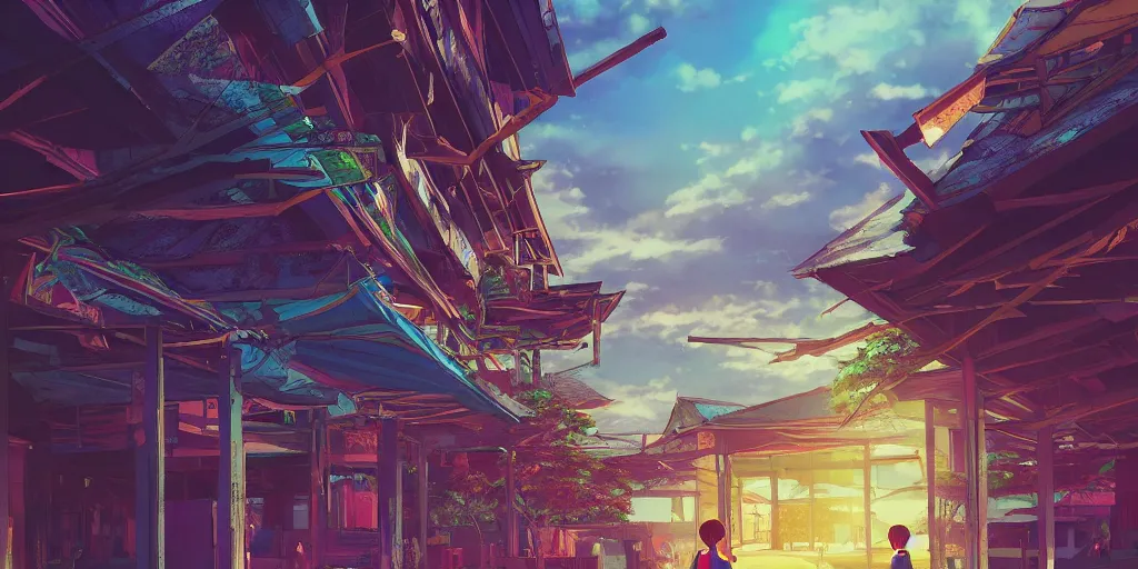 Prompt: vivid 80s anime indonesian architecture and landscape by makoto shinkai, beautiful, gorgeous, dramatic lighting, rule of thirds, perfect composition, trending on ArtStation, 8k