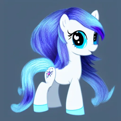 Prompt: a blue little pony with white hair, a super detailed picture by an gyeon, featured on deviantart, booru, pastel palette, flash asset, superflat