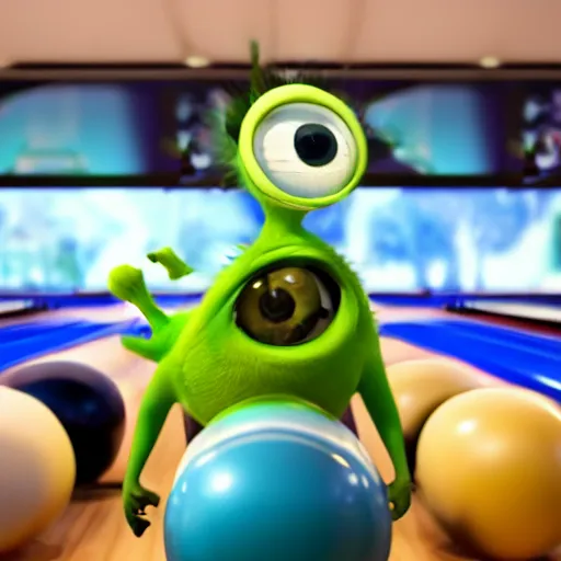 Image similar to Mike wazowski sat in a rack of bowling balls, at the bowling alley, middle lane, Pixar animation, soft lighting, 4k