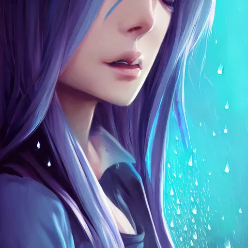 Image similar to water dripping on rimuru tempest, heavenly ripples, sky blue straight hair, bangs, with amber eyes, black jacket, high collar, ultra detailed, euphoric, masterpiece, digital painting, psychedelic, cinematic, wlop, pixiv, swirly, ilya kuvshinov, ross tran, color block