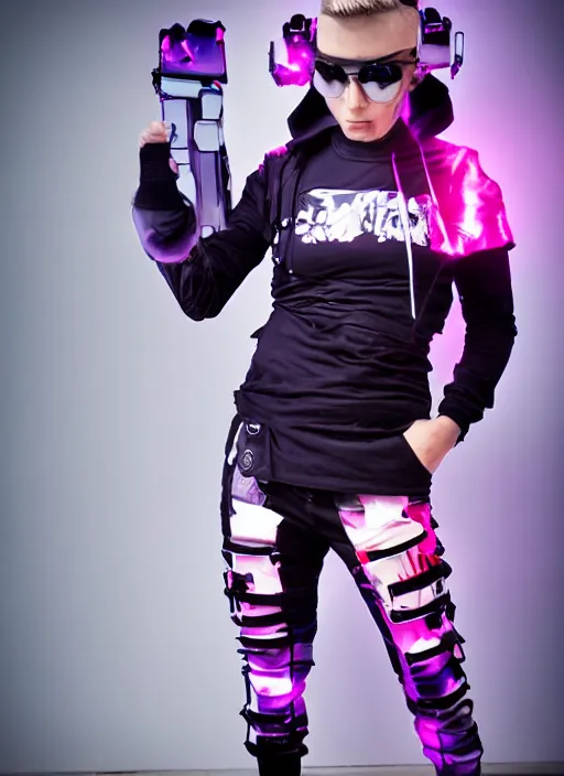 Prompt: Full-color Close upper body shot. Artistically angled streetwear attired subject. Professional studio streetwear portrait lighting. Wearing fullbody cool badass Technological DIY sci-fi wearables designed by Masamune Shirow.