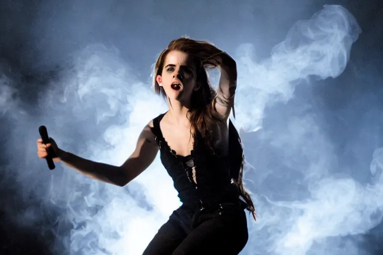 Image similar to emma watson as a heavy metal singer, stage lights, smoke, flames