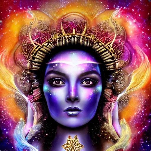 Image similar to beautiful goddess of the galaxy, stars behind her, nebula facepaint, portrait of head and shoulders,, very detailed eyes, realistic eyes, extremely beautiful, marvelous eyes, dawn, halo, flowers and plants, gold, intricated design, very detailed and rich clothing