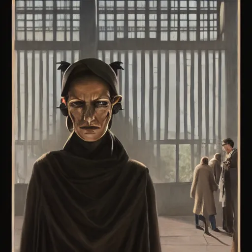 Image similar to detailed face of a clothed woman with obsidian eyes in a architectonic courtyard with whisps of smoke at a science expo, atmospheric, ambient, pj crook, syd mead, livia prima, artgerm, greg rutkowski, nick alm, casey baugh