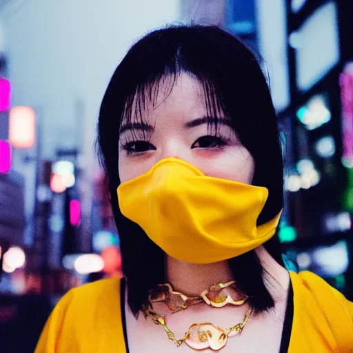 Prompt: japanese female balaclava mask with golden necklace and kimono, photo portrait, beautiful female model, tokyo, city neon light, bokeh, long exposure, kodak promax 4 0 0, sony lens, golden fractals and dmt