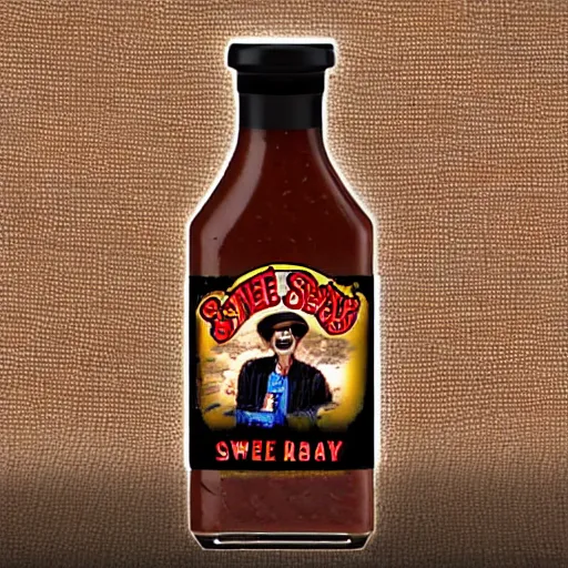 Image similar to a bottle of sweet baby ray's bbq sauce with the face of stevie ray vaughan on the bottle, realistic, hyperrealistic, ultra realistic, real, real world, highly detailed, very detailed, extremely detailed, intricate details, 8 k resolution, hd quality