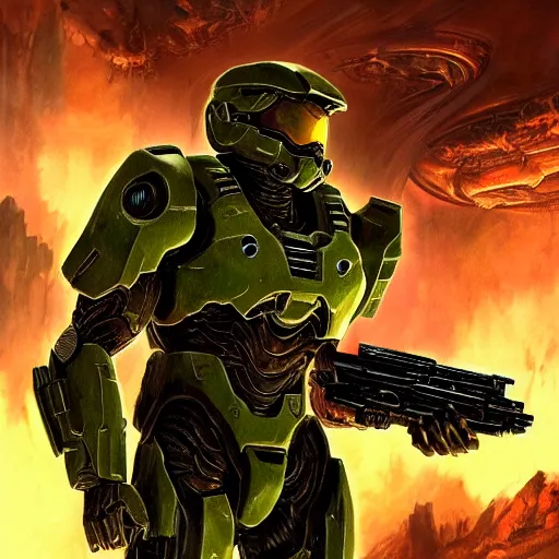 Prompt: doom eternal concept art of the Master Chief from Halo, hyperdetailed