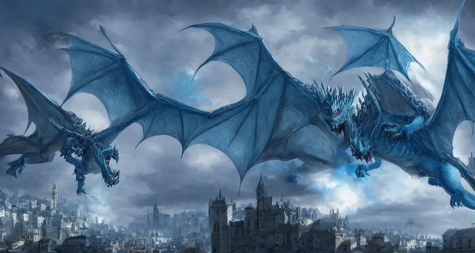 Prompt: single large dragon flying over medieval city, in style of artgerm and charlie bowater, 8k, hyper detailed, cold blue tones