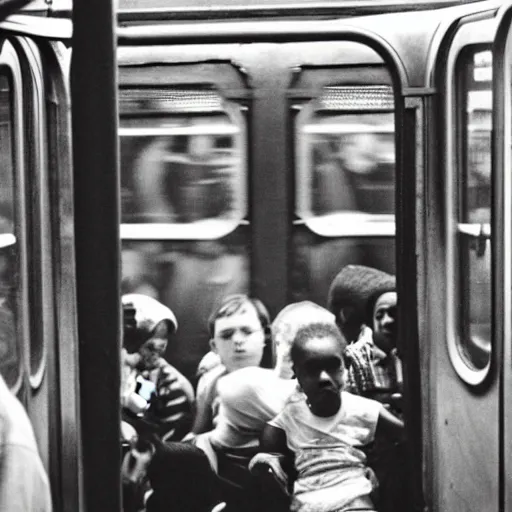 Image similar to “ kids riding on top of a new york city subway car, photograph by henri cartier - bresson ”