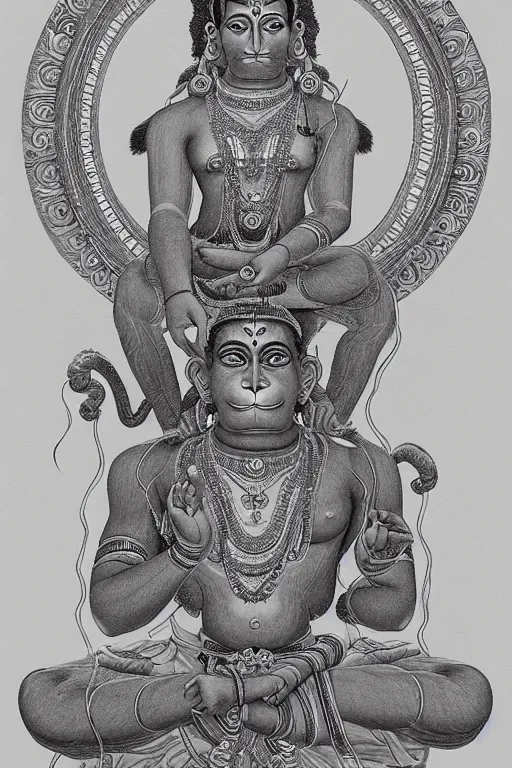 Prompt: a full body portrait of a beautiful ornated hanuman god, arms pointing up!!!, meditative sacral pose, hindu stages of meditation, intricate, elegant, highly detailed, line art!!!!!!!, artstation, concept art, smooth, sharp focus, illustration, art by krenz cushart and artem demura and alphonse mucha