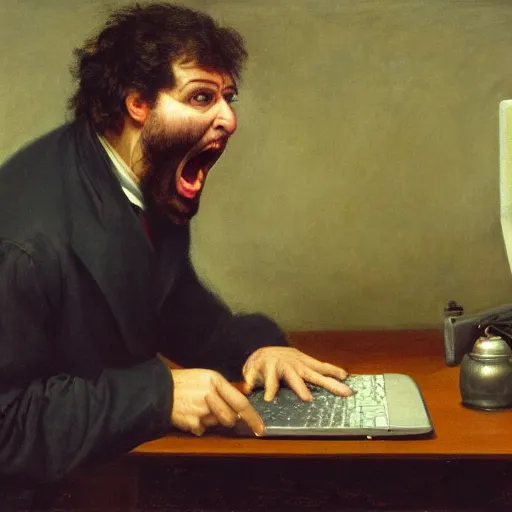 Image similar to an angry man yells at his computer monitor, oil on canvas, 1 8 8 3, highly detailed, high resolution