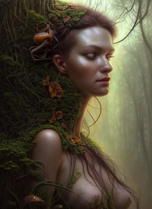 Image similar to closeup portrait shot of a forest nymph in a scenic dystopian environment, intricate, elegant, highly detailed, centered, digital painting, artstation, concept art, smooth, sharp focus, illustration, artgerm, tomasz alen kopera, peter mohrbacher, donato giancola, joseph christian leyendecker, wlop, boris vallejo