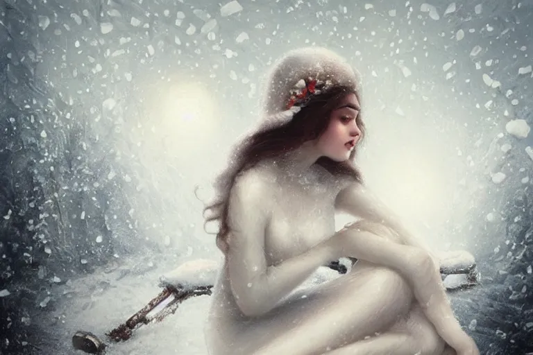 Image similar to a beautiful woman made out of snow and ice sitting by a campfire and slowly melting, by monia merlot and tom bagshaw