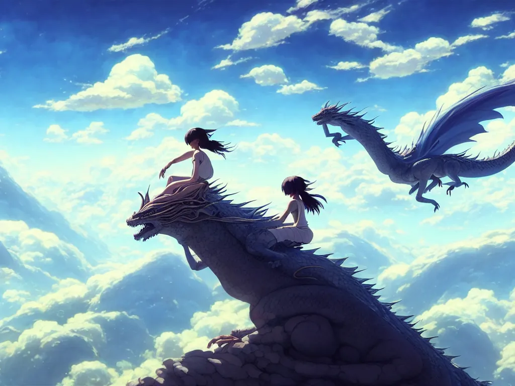 Image similar to a vast scene, panorama distant view, hyper detailed scene render of a beautiful girl sit on a huge silver dragon back, in the white clouds fairyland, animation portrait concept art, style of makoto shinkai, xision, james jean and peter mohrbacher, studio ghibli, artgerm, karol bak, beeple, 4 k hd, animation style