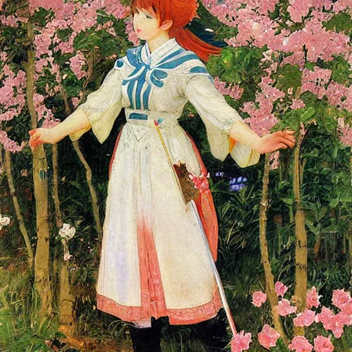 Image similar to Sakura from Cardcaptor Sakura painting masterpiece by vasnetsov and surikov, JEAN-VICTOR BERTIN, by Terence Cuneo