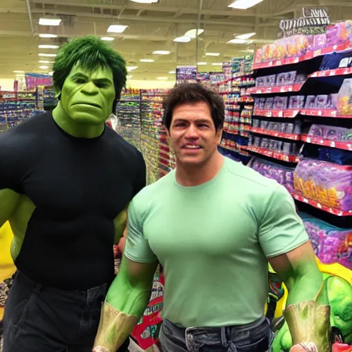 Prompt: the incredible hulk shoping at walmart